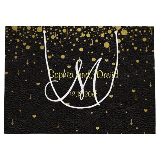 Trouw Uitnodigingen | Gouden Confetti Monogram Large Cadeauzakje (Voorkant)