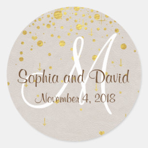 Trouw Uitnodigingen Gouden Confetti Monogram Ronde Sticker