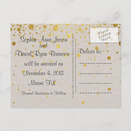 Trouw Uitnodigingen | Gouden Confetti SAVE THE DAT (Achterkant)