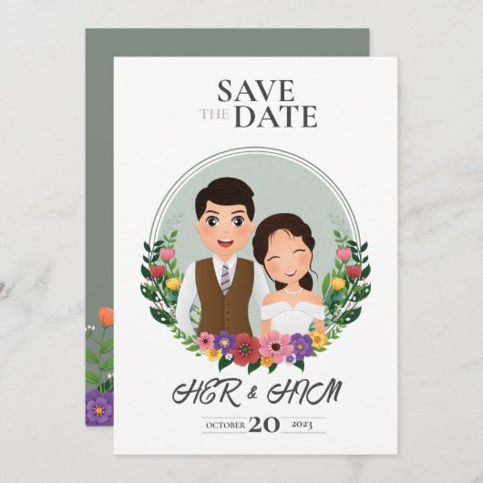 Trouw uitnodigingskaart bruid en bruidegom cartoon save the date (Voorkant / Achterkant)