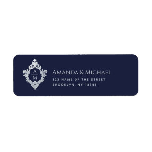 Trouw Wapen Navy Blauwe Monogram Vintage Elegant Etiket