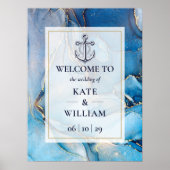 Trouw Welkom Bord in Scheepsblauw en Goud Agaat Poster (Voorkant)