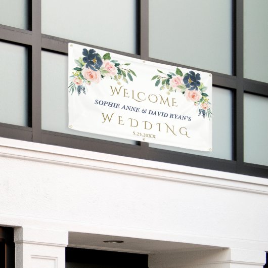 Trouw Welkom Bord met Navy Blauwe Bloemen Spandoek (Buitenkant Gebouw)