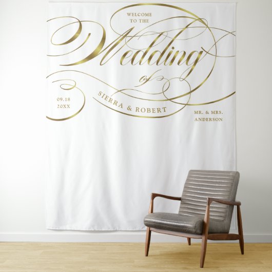 Trouw Welkom Elegante Gouden Gebogen Script Banner Wandkleed (In situ)