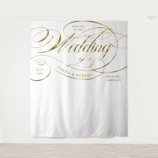 Trouw Welkom Elegante Gouden Gebogen Script Banner Wandkleed (Voorkant)