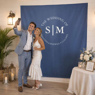 Trouw Welkom Selfie Bord Donkerblauw Monogram Wandkleed