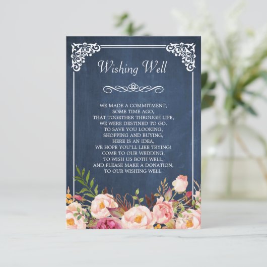 Trouw Wensput Blauwe Krijtbord Roze Bloemen Informatiekaartje (Staand voorkant)