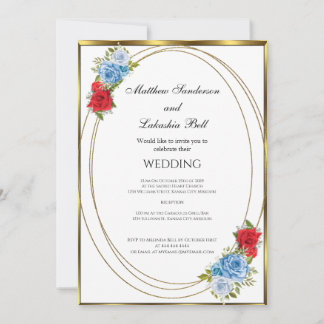 Trouw Wit Blauw Rode Bloemen goud Elegant  Kaart