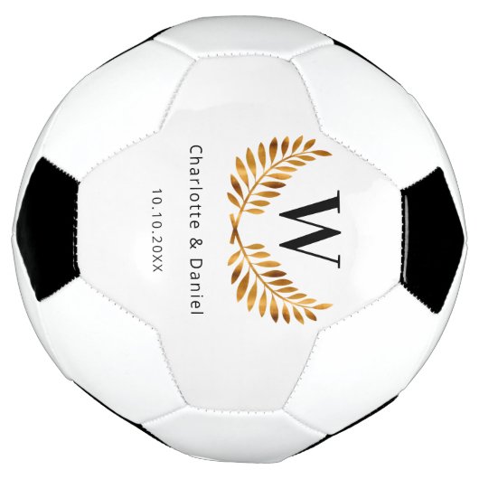 Trouw wit zwart gouden laurierkrans monogram voetbal (Gedraaid)
