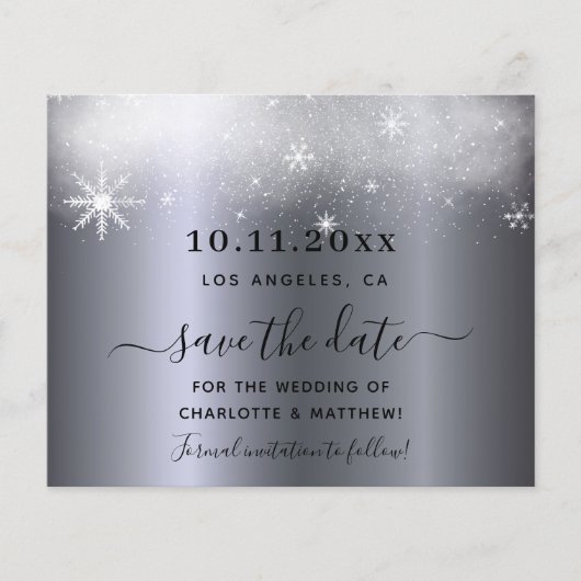 Trouw zilver sneeuw budget save the date flyer (Voorkant)