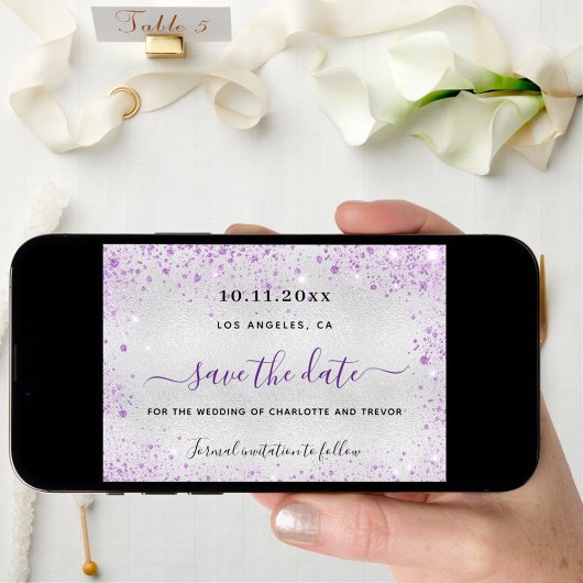 Trouw zilver violette glitters elegant save the date