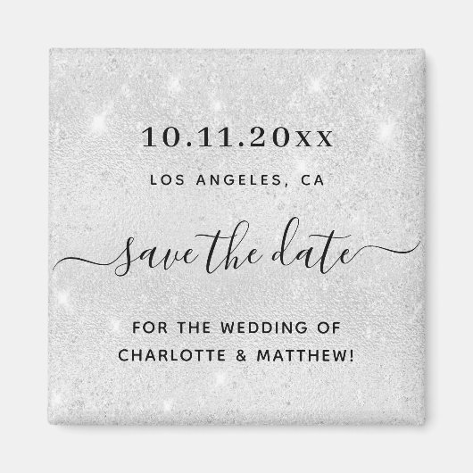 Trouw zilveren glitters elegante bewaar de datum magneet (Voorkant)