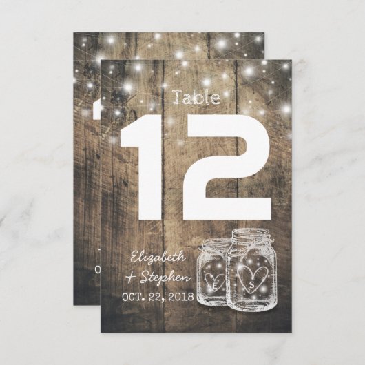Trouw zitplaats tafel nummer Mason Jar licht Kaart (Voorkant / Achterkant)