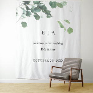 Trouwachtergrond, welkomstbord eucalyptus wandkleed