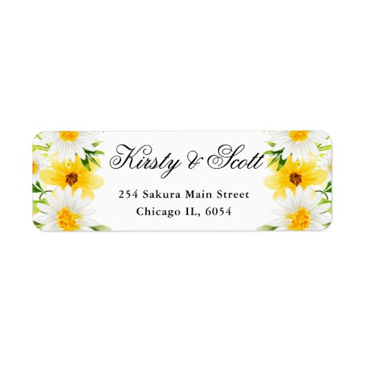 Trouwadres Daisies en Yellow Flowers Etiket (Voorkant)