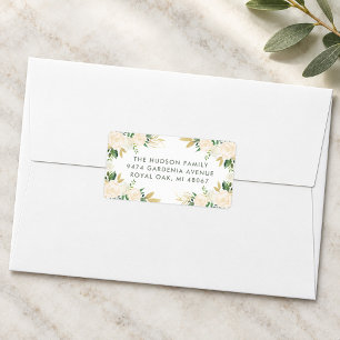 Trouwadres met bloemen in blush goud en groen etiket