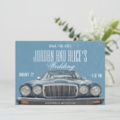 Trouwauto in oldtimer save the date (Staand voorkant)