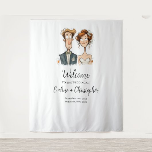 Trouwbanner Quirky Bride and Groom Waterverf Wandkleed (Voorkant)