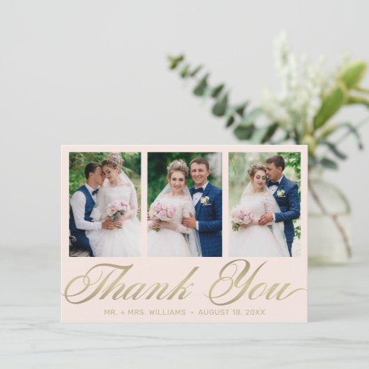 Trouwbedankje 3 Photo Collage Blush Gold Bedankkaart (Staand voorkant)