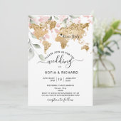 Trouwbestemming Gouden Wereldkaart Hart Uitnodigin Kaart (Staand voorkant)