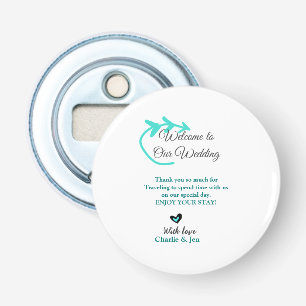 Trouwbestemming viering welkom reizen button flesopener