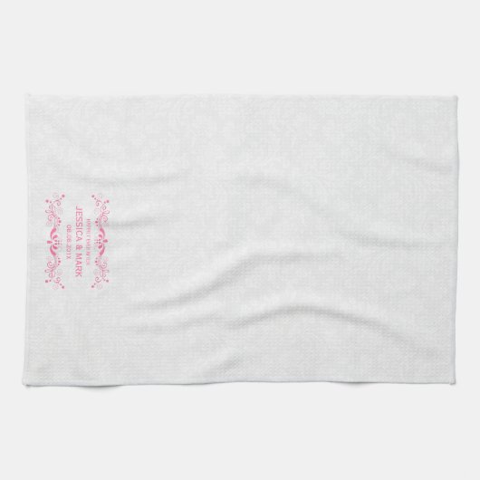 Trouwbloem roze kant op witte damast theedoek (Horizontaal)