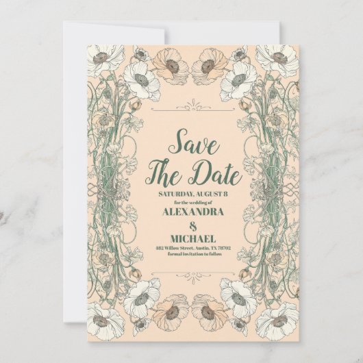 Trouwbloemen Art Nouveau Save The Date (Voorkant)
