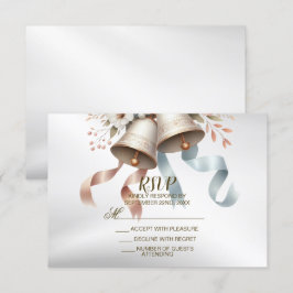 Trouwbloemen klokken roze blauwe linten mooi RSVP kaartje