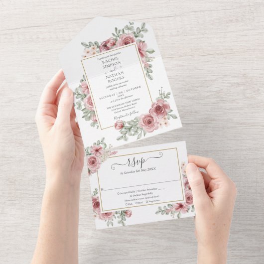 Trouwbloemen Rozen Gouden Geometrisch Huwelijk All In One Uitnodiging (Afscheurbaar)