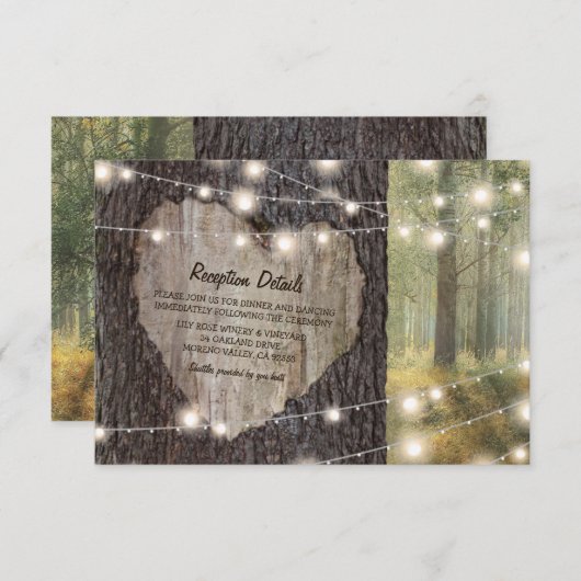 Trouwboom met uitgegraven hart | Rustieke snoerlam Informatiekaartje (Voorkant / Achterkant)