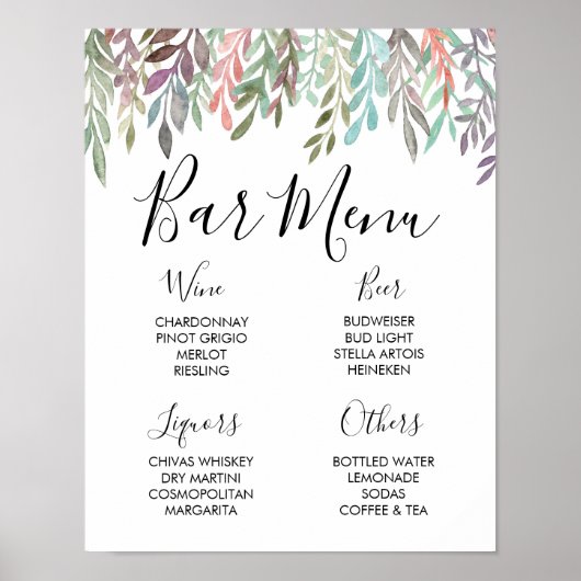 Trouwbord – Barmenu Aquarel Groenblijvend Bord Poster (Voorkant)