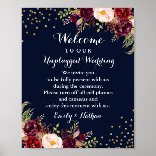 Trouwbord 'Navy Burgundy Goud Bloemen Unplugged' Poster