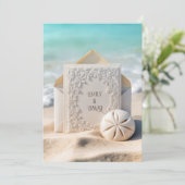 Trouwbriefpapier met strand zand dollar kaart (Staand voorkant)