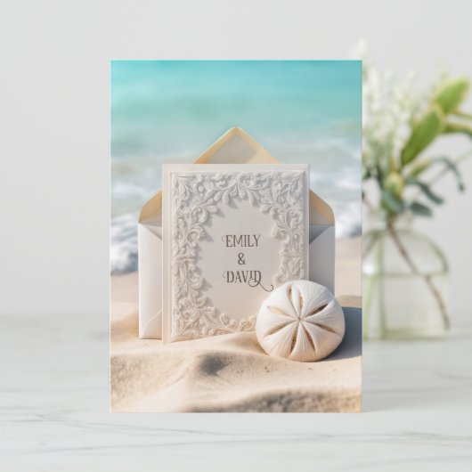 Trouwbriefpapier met strand zand dollar kaart (Staand voorkant)