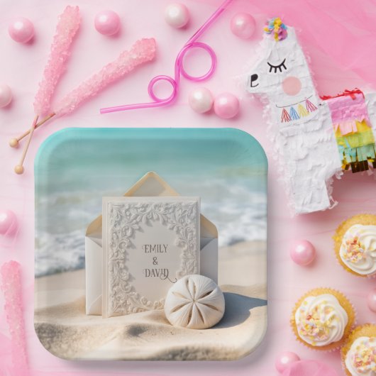 Trouwbriefpapier met strand zand dollar papieren bordje (Feest)