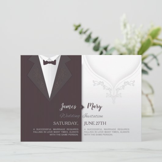 Trouwbruidegom pak en bruiden jurk uitnodiging (Staand voorkant)