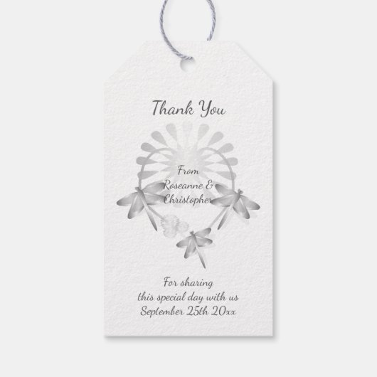 Trouwcadeau Labels Zilveren Dragonflies Hart Cadeaulabel (Achterkant)