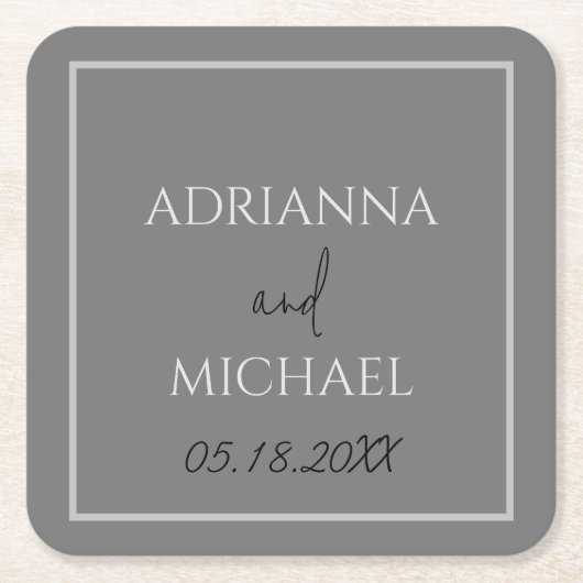 Trouwcadeau met dubbelgrijze naam en datum wit vierkante kartonnen onderzetter (Voorkant)