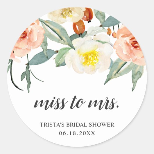 Trouwcadeau 'Miss to Mrs Peach Floral' Ronde Sticker (Voorkant)