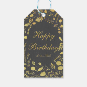 Trouwcadeautag met houtskoolgrijs & gouden bloemmo cadeaulabel