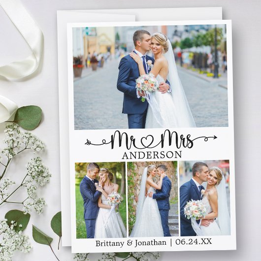Trouwcalligrafie Hart Meneer en Mevrouw 4 Foto Bedankkaart