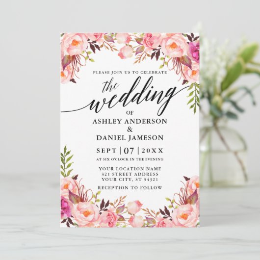 Trouwcalligrafie waterverf roze blozen bloem kaart (Staand voorkant)