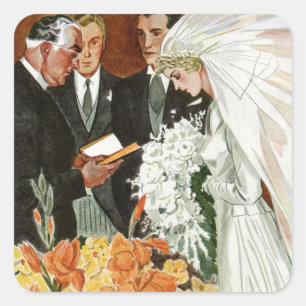 Trouwceremonie met bruid en bruidegom in vintage s vierkante sticker