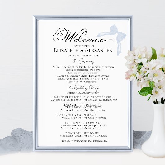 Trouwceremonie programmabord | Blauwe strik Poster