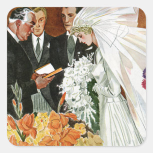 Trouwceremonie van bruid en bruidegom in vintage s vierkante sticker