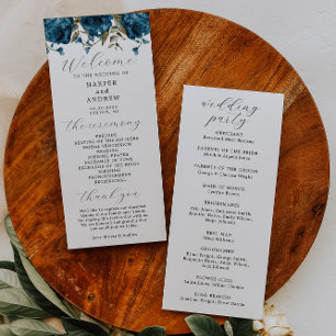 Trouwceremonieprogramma met marineblauw bloemmotie programma