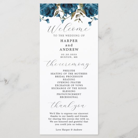 Trouwceremonieprogramma met marineblauw bloemmotie programma (Voorkant)