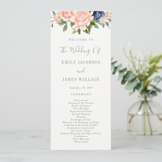 Trouwceremonieprogramma Navy Blush #NBC Programma (Staand voorkant)