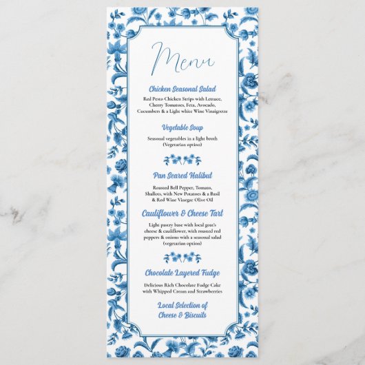 Trouwchintz Blauw & Wit Bloemen Ditsy Menu (Voorkant)
