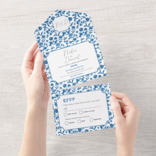 Trouwchintz Blauw & Wit Bloemen Uitnodigen & RSVP All In One Uitnodiging (Afscheurbaar)